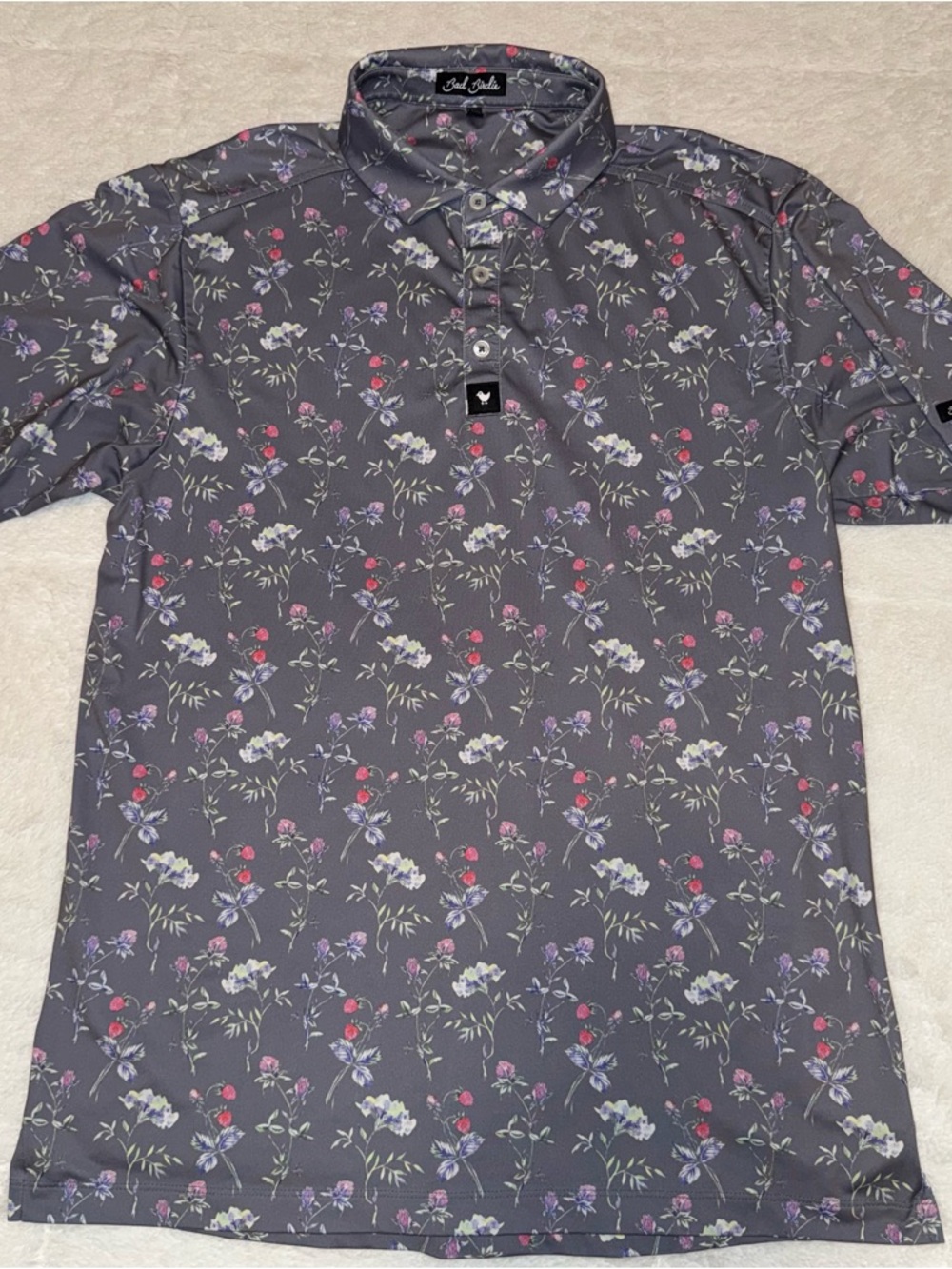 Bad Birdie Men's Floral Polo - Charcoal Gray with Pink & Purple Accents - Sz M